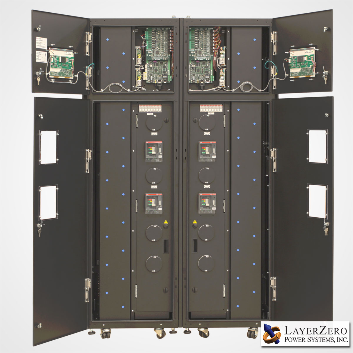 Two LayerZero Series 70: eRPP-FS Cabinets Side-By-Side Outer Doors Open.