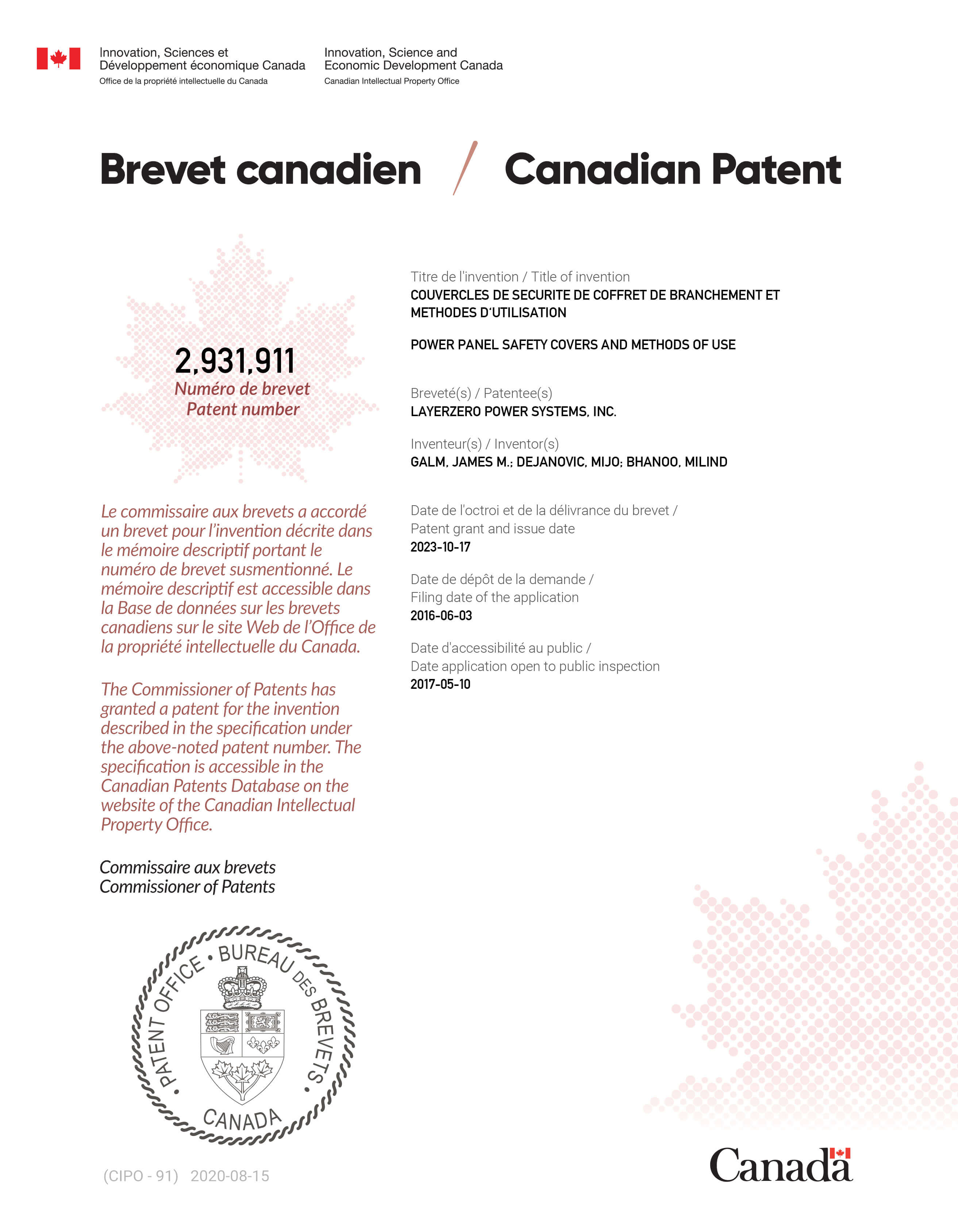 The LayerZero SafePanel Patent Certificate