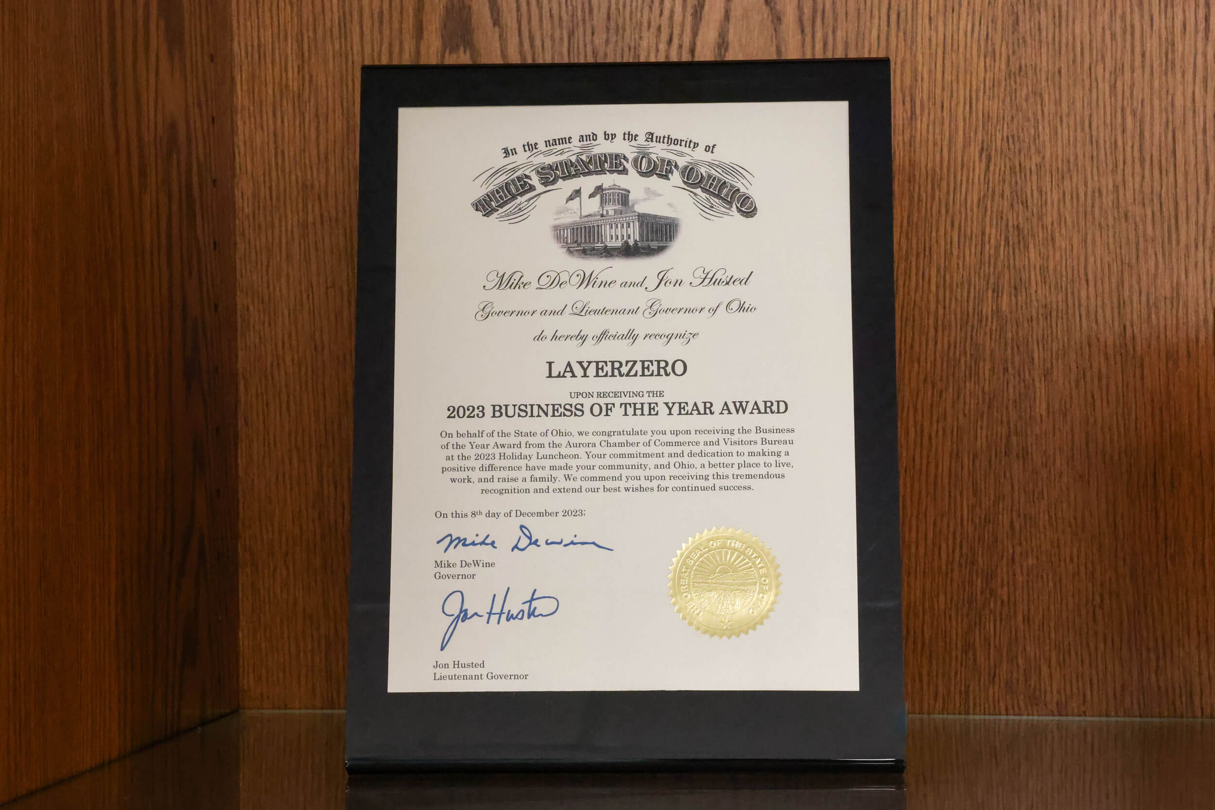 LayerZero Power Systems Business of the Year Recognition 2023 by Ohio Governor and Lieutenant Governor