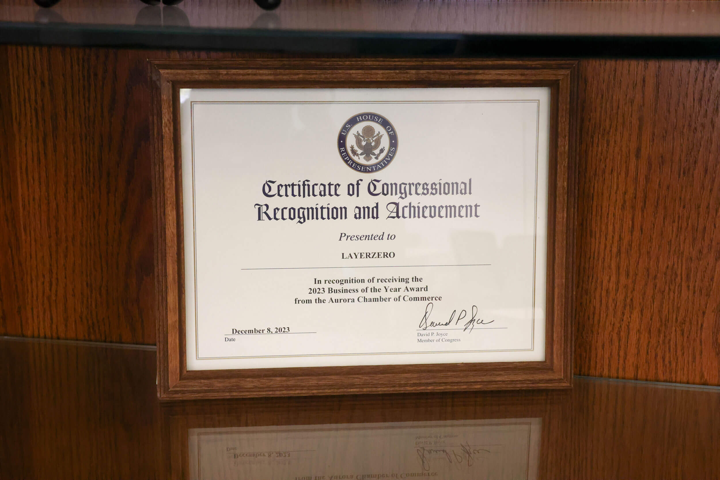 LayerZero Power Systems Certificate of Congressional Recognition and Achievement 2023