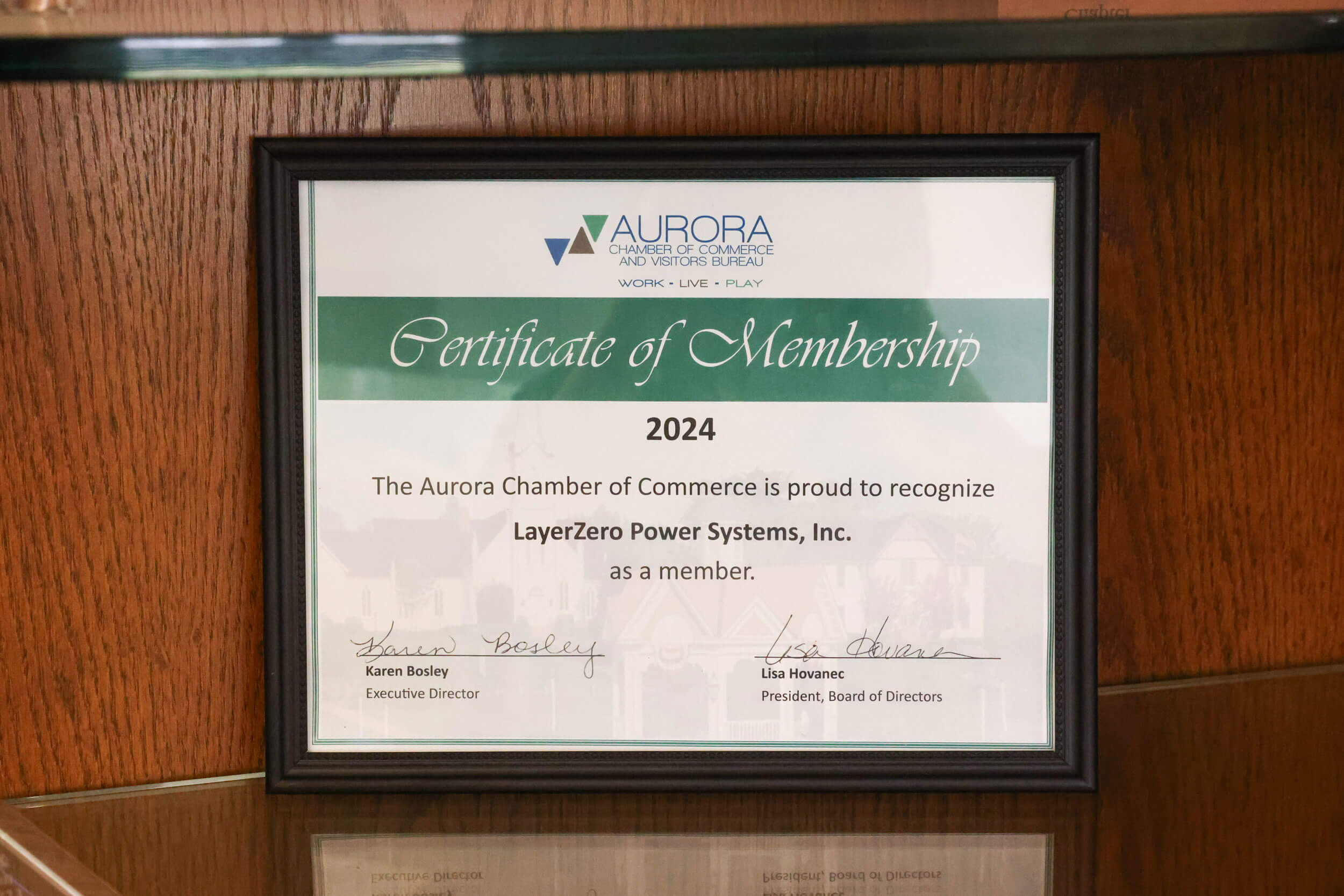 LayerZero Power Systems Certificate of Membership 2024 by Aurora Chamber of Commerce