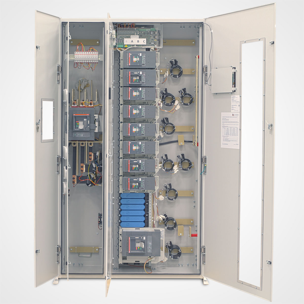 The LayerZero Series 70: eRDP Remote Distribution Panel with Dead Front Doors Open and Circuit Breakers.